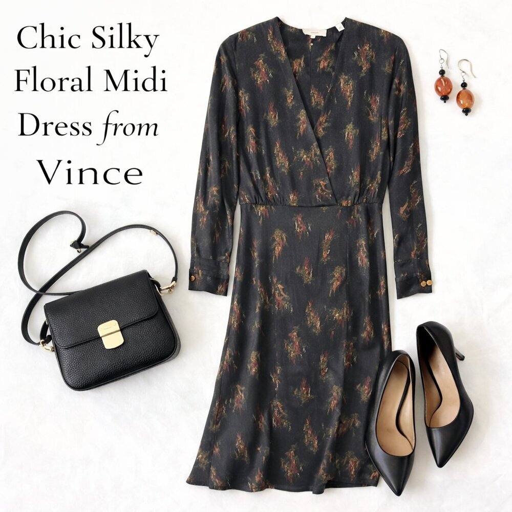 Vince Black Floral Long Sleeve Midi Dress XS Elegant V-Neck Casual Chic - Picture 15 of 15
